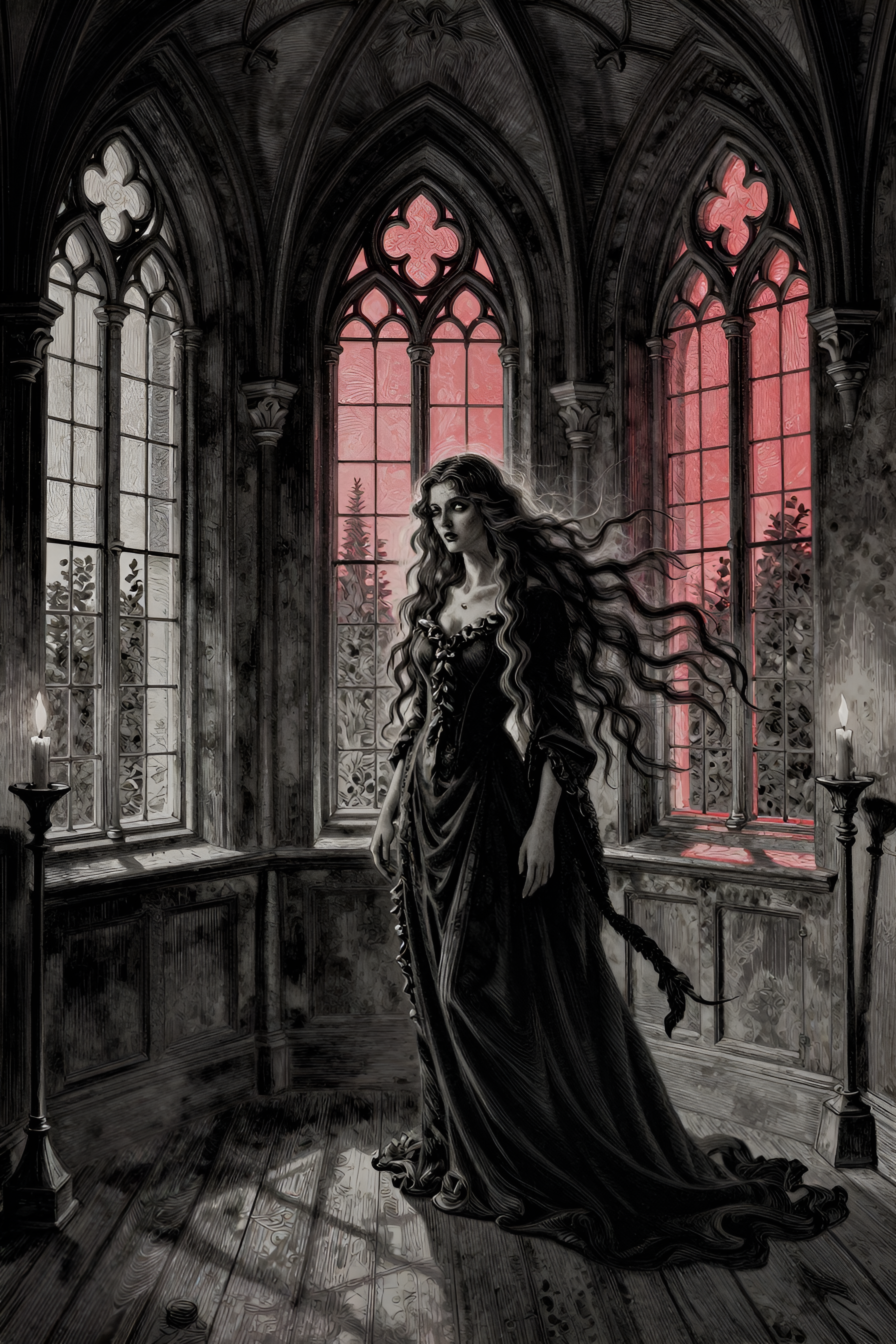 The windows were long, narrow, and pointed, and at so vast a distance from the black oaken floor as to be altogether inaccessible from within.