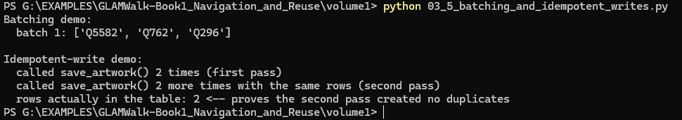 Terminal screenprint for 03_5_batching_and_idempotent_writes.py